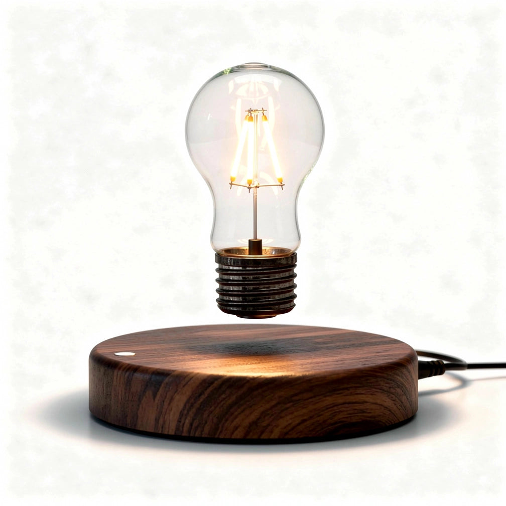 Luminária levitação magnética lâmpada flutuante LED tricolor base madeira — fundo branco — Vittara Decor