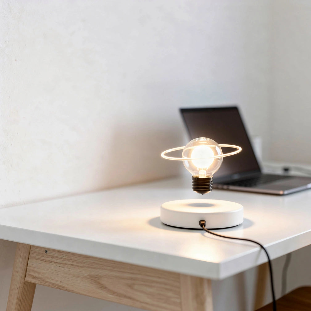 Luminária levitação magnética em home office minimalista com mesa branca — Vittara Decor