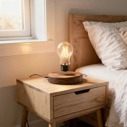Luminária levitação magnética na cabeceira de quarto nórdico minimalista — Vittara Decor