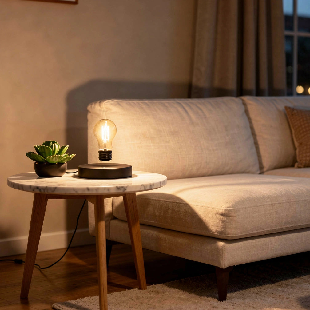 Luminária levitação magnética em sala de estar nórdica ao entardecer — Vittara Decor