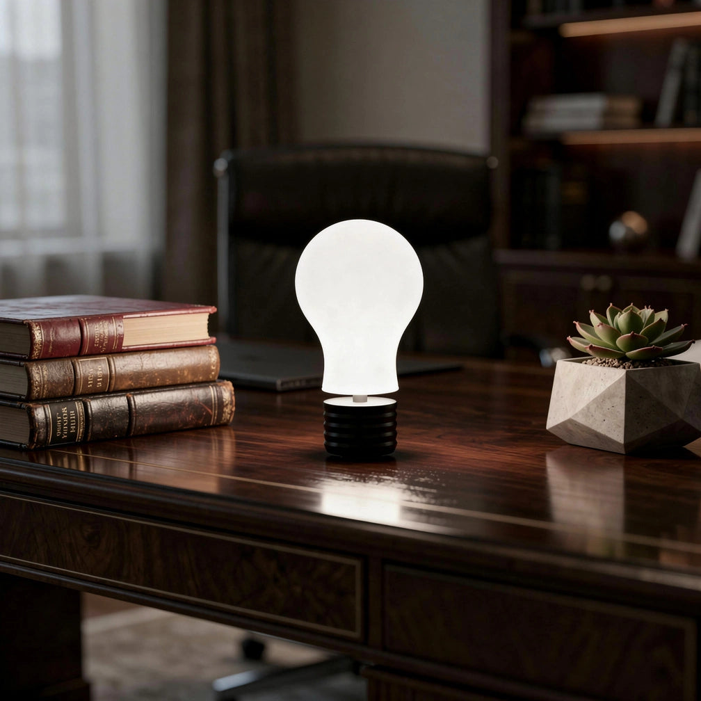 Luminária levitação magnética com luz neutra em escritório elegante — Vittara Decor