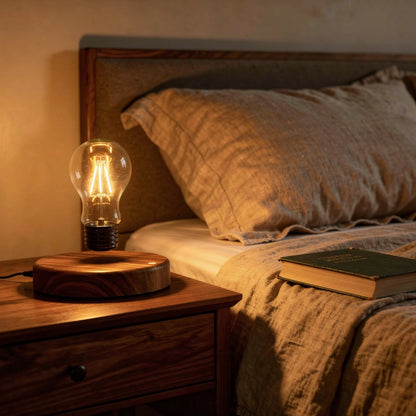 Luminária levitação magnética com luz quente criando ambiente aconchegante no quarto — Vittara Decor