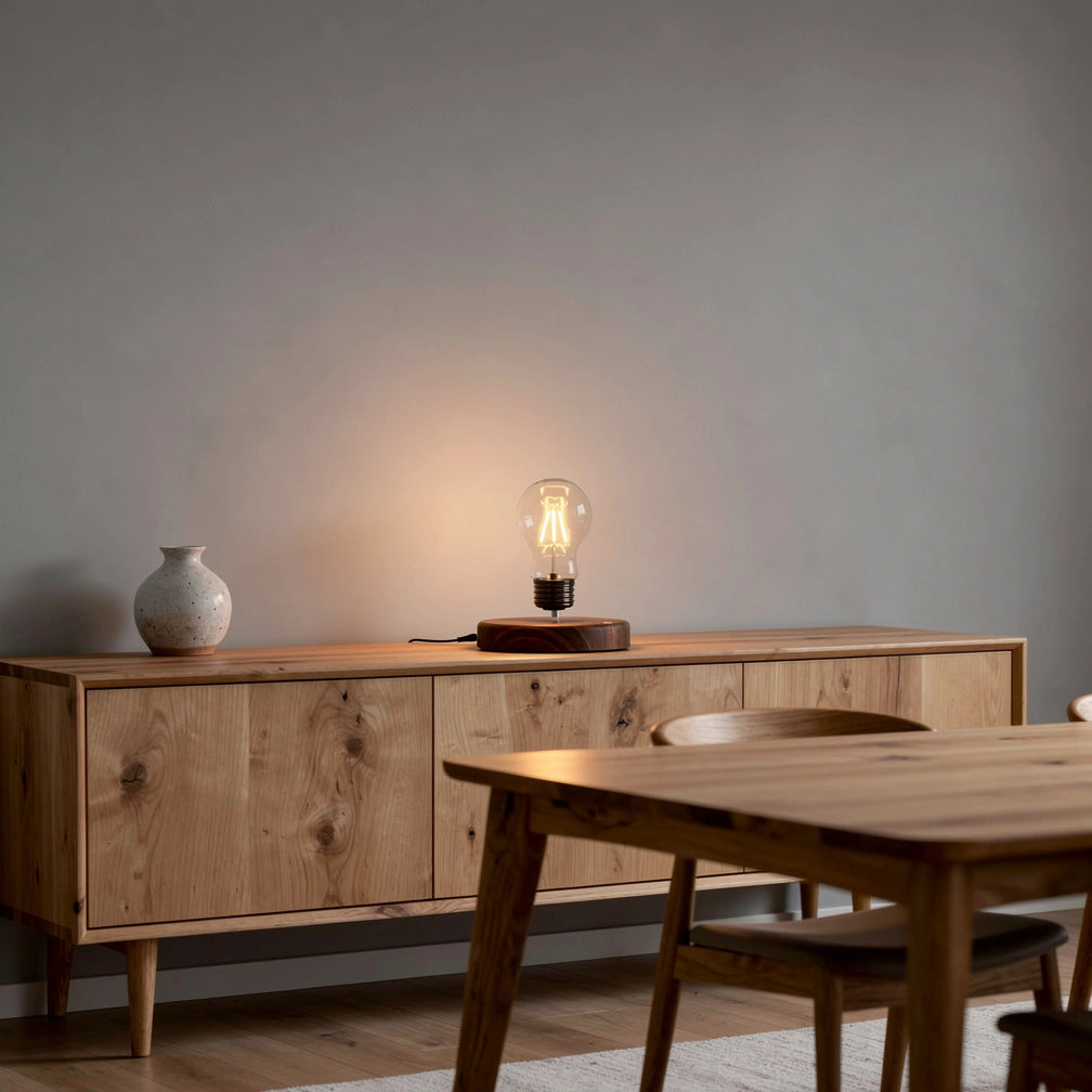 Luminária levitação magnética como peça decorativa em sala de jantar moderna — Vittara Decor