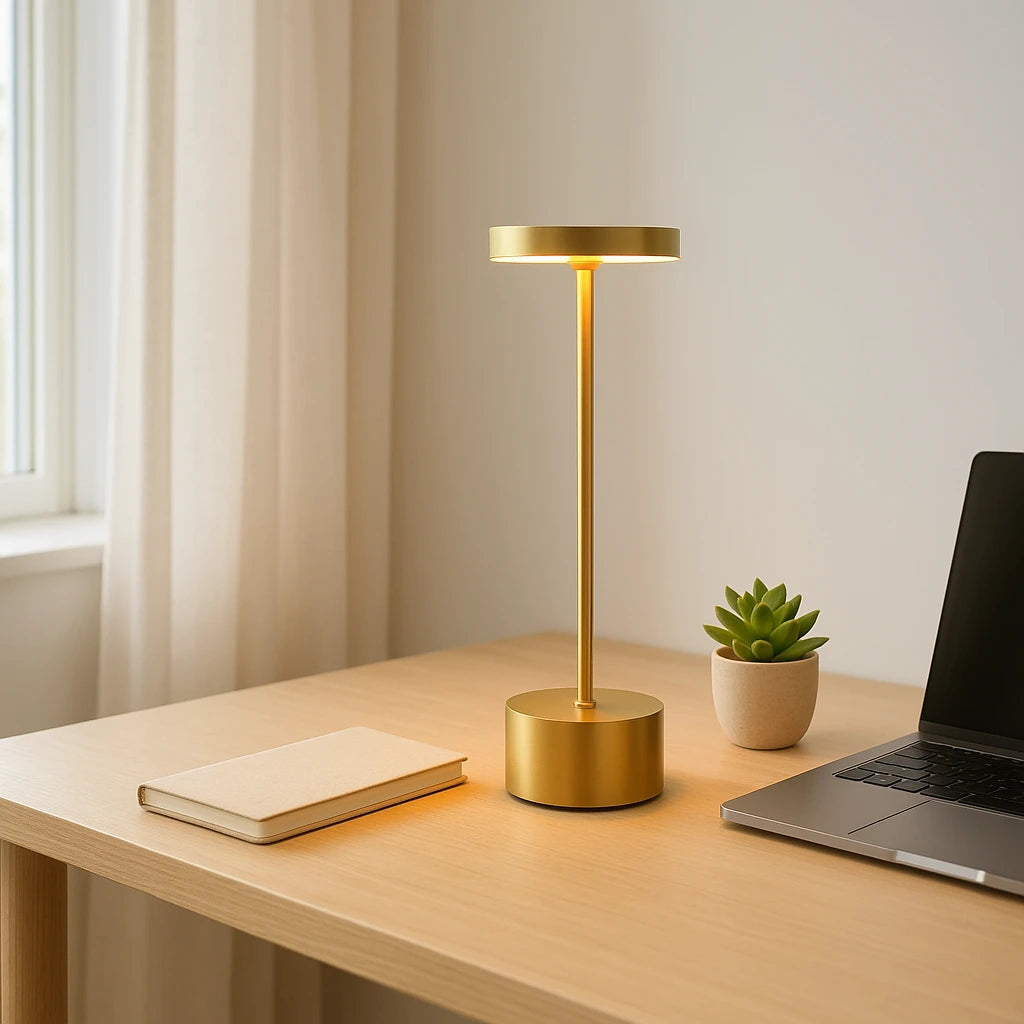Luminária sem fio recarregável sobre escrivaninha de home office com luz natural pela manhã - Vittara Decor