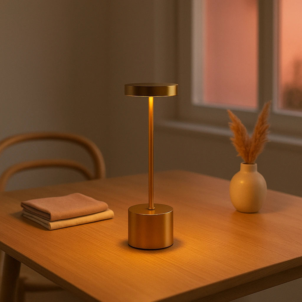Luminária sem fio LED recarregável centralizada em mesa de jantar ao entardecer - Vittara Decor