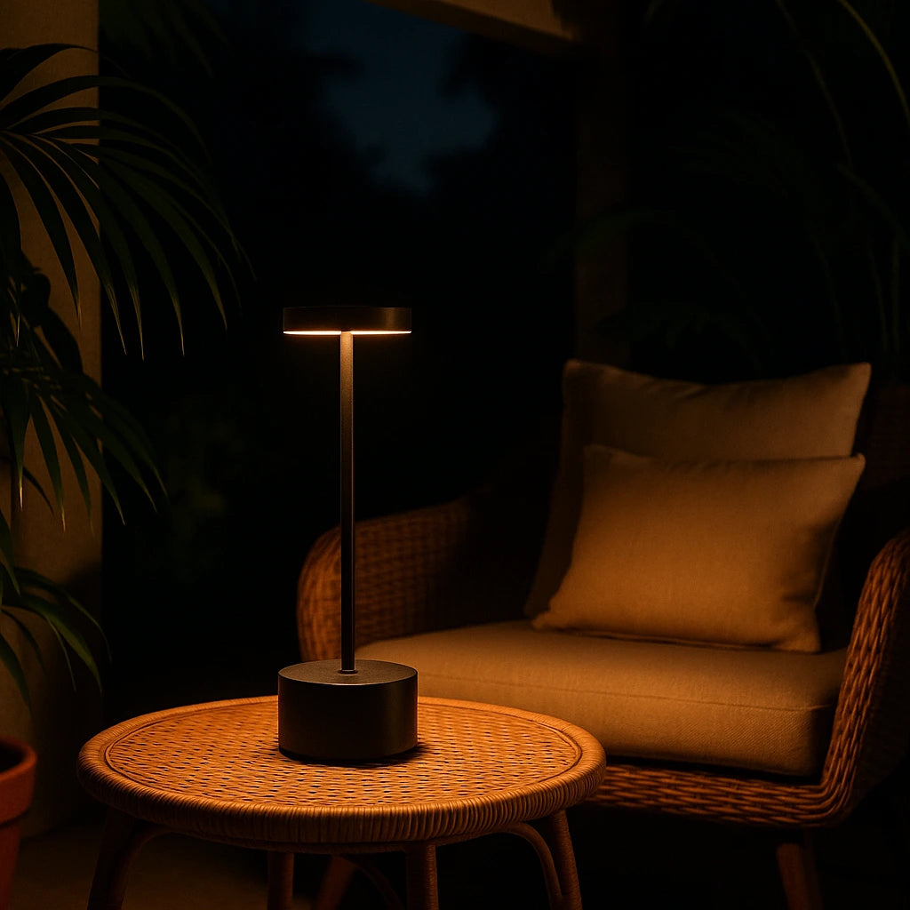 Luminária de mesa recarregável sem fio em varanda coberta criando atmosfera noturna aconchegante - Vittara Decor
