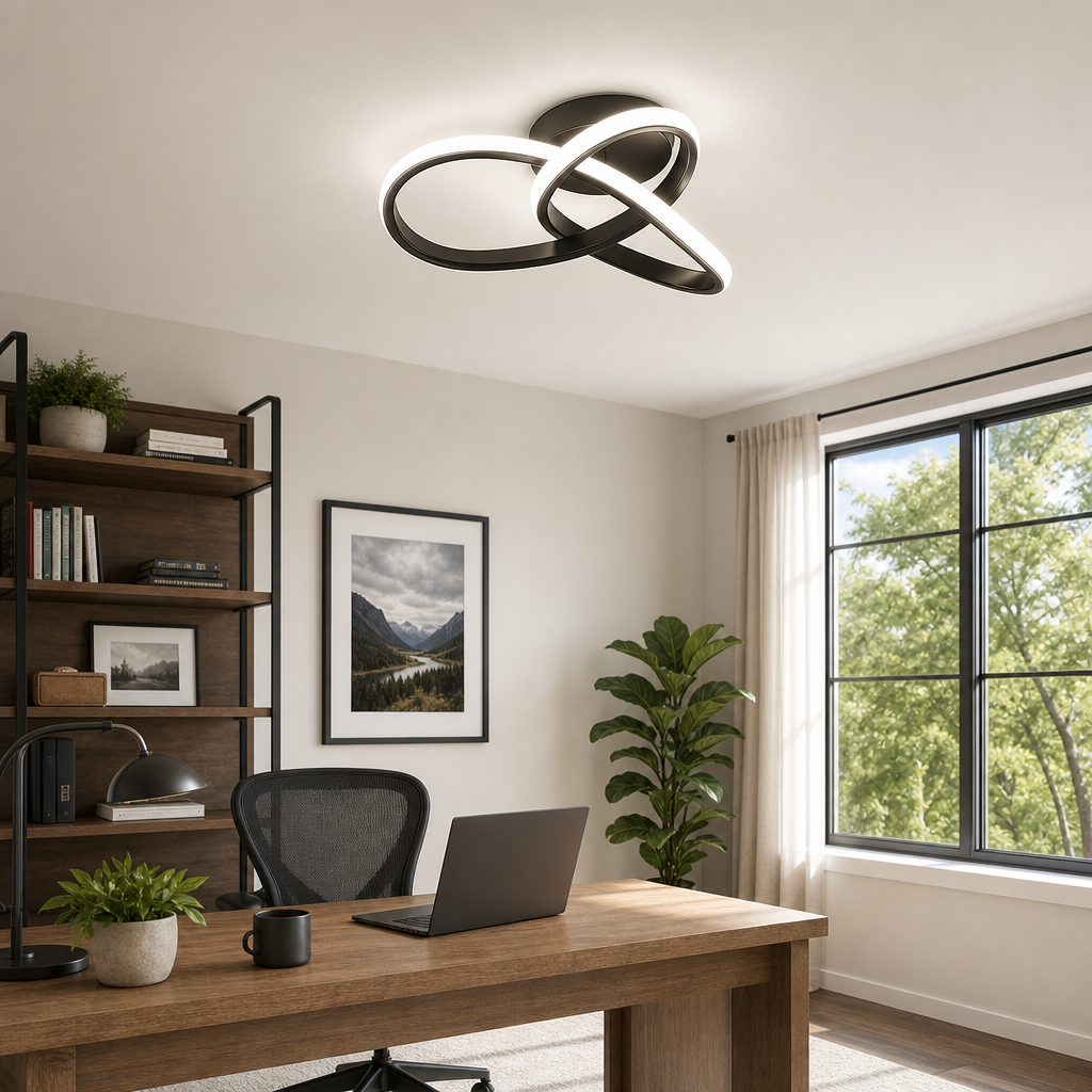 Luminária de Teto LED 3 Cores preta em home office com escrivaninha e luz fria - Vittara Decor