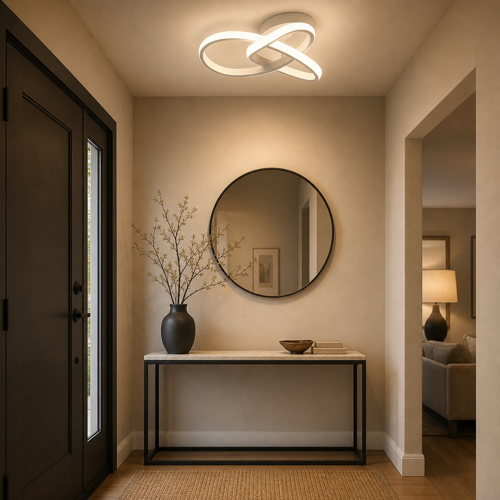 Luminária de Teto LED 3 Cores branca no hall de entrada com aparador e espelho - Vittara Decor
