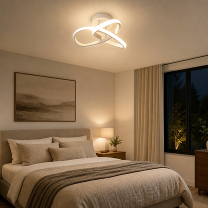Luminária de Teto LED 3 Cores branca acesa em quarto aconchegante sobre a cama - Vittara Decor