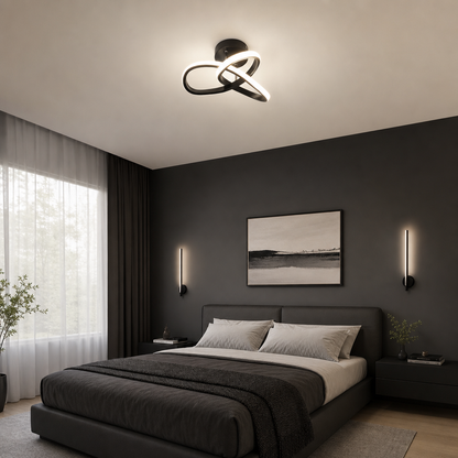 Luminária de Teto LED 3 Cores preta em quarto minimalista com parede escura - Vittara Decor