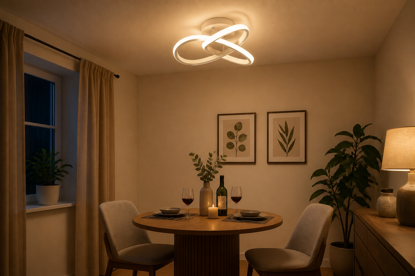 Luminária de Teto LED 3 Cores branca sobre mesa de jantar em clima de jantar à noite - Vittara Decor