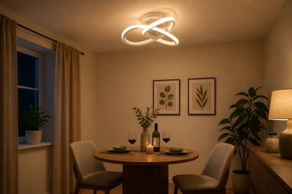 Luminária de Teto LED 3 Cores branca sobre mesa de jantar em clima de jantar à noite - Vittara Decor