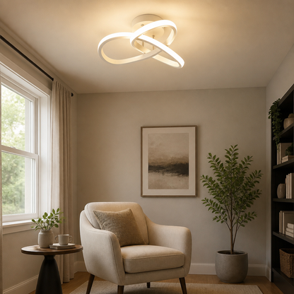 Luminária de Teto LED 3 Cores branca em canto de leitura com poltrona e planta - Vittara Decor
