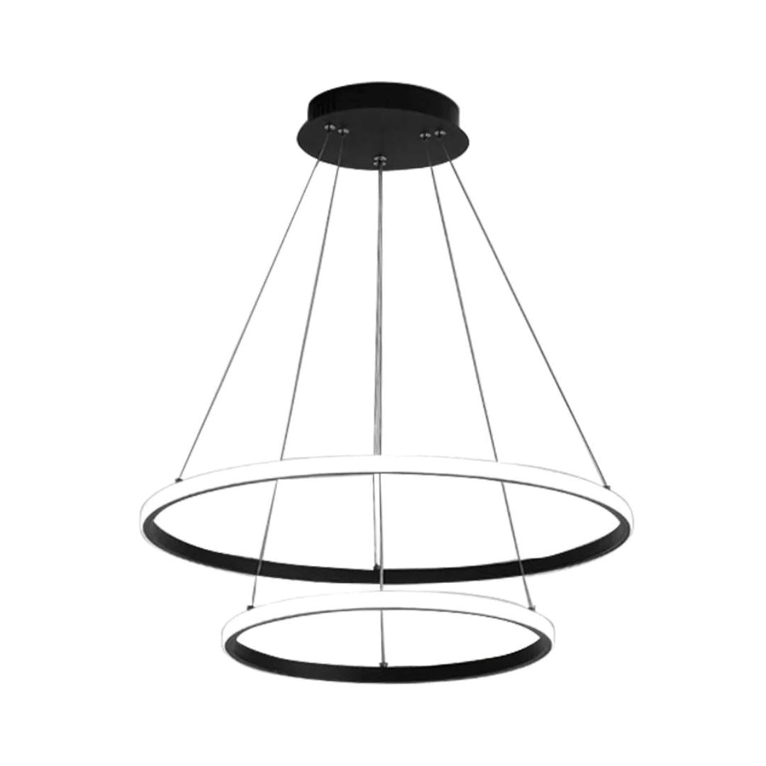 Lustre pendente circular duplo em LED iluminando ambiente de estar - Vittara Decor