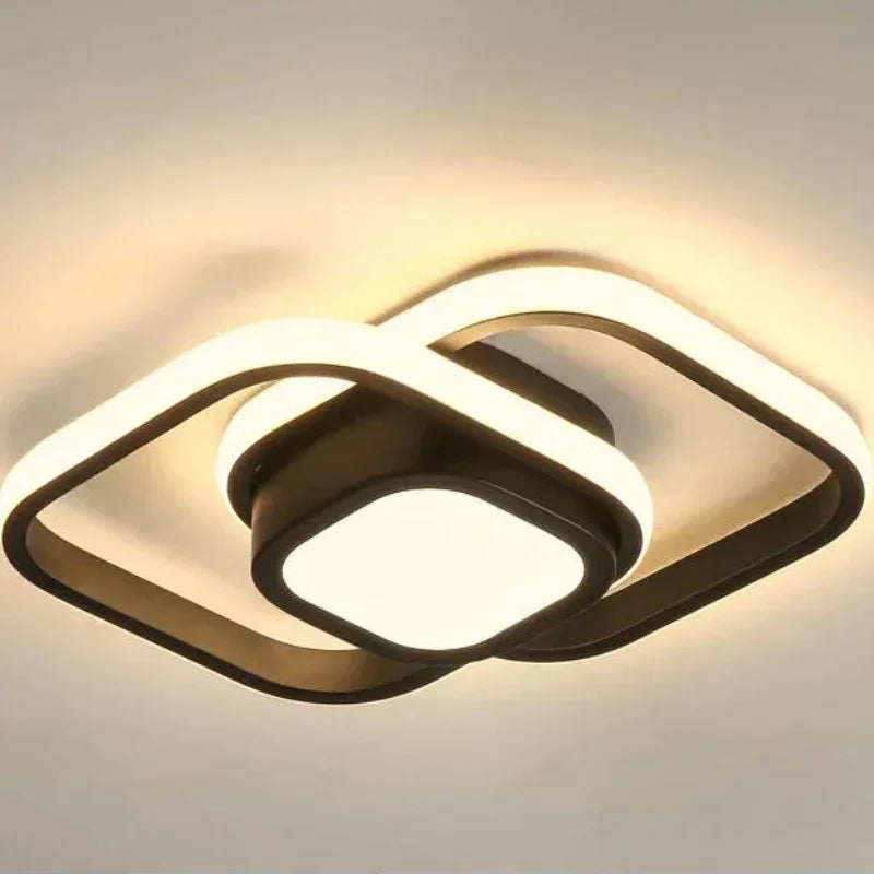 Luminária de Teto LED preta quadrada detalhe do anel duplo e da luz central - Vittara Decor
