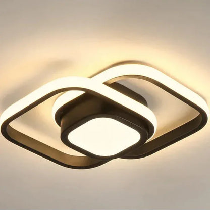 Luminária de Teto LED preta quadrada detalhe do anel duplo e da luz central - Vittara Decor