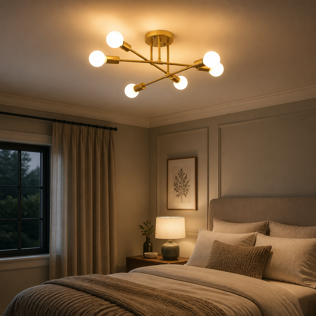 Lustre LED Nórdico dourado de 6 luzes no teto de um quarto aconchegante - Vittara Decor