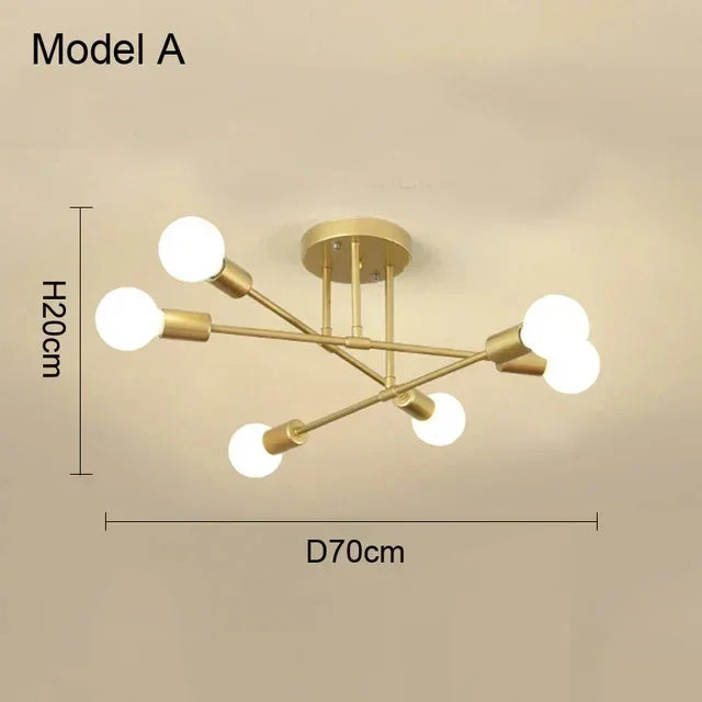 Lustre LED Nórdico dourado de 6 luzes sputnik visto de frente no teto - Vittara Decor