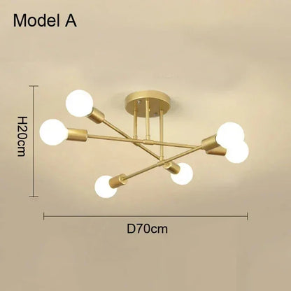 Lustre LED Nórdico dourado de 6 luzes sputnik visto de frente no teto - Vittara Decor