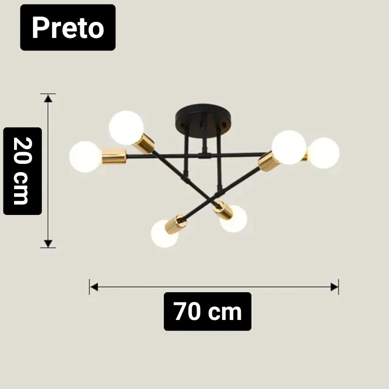 Lustre LED Nórdico preto de 6 luzes com medidas 70 x 20 cm - Vittara Decor