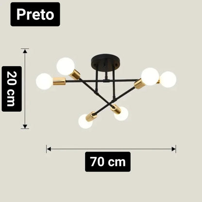 Lustre LED Nórdico preto de 6 luzes com medidas 70 x 20 cm - Vittara Decor