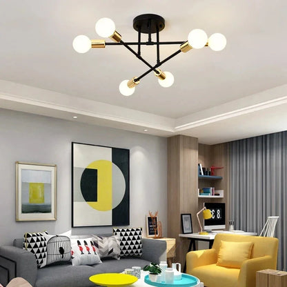 Lustre LED Nórdico preto de 6 luzes em sala de estar contemporânea - Vittara Decor