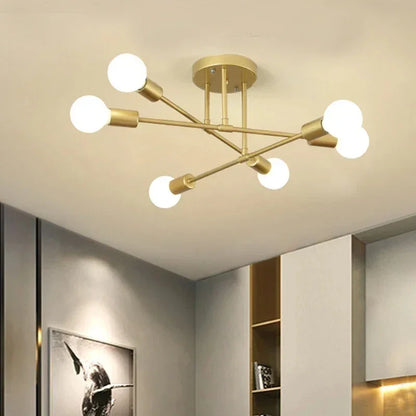 Lustre LED Nórdico dourado de 6 luzes sputnik instalado no teto da cozinha - Vittara Decor