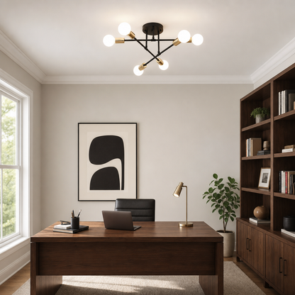 Lustre LED Nórdico preto e dourado de 6 luzes em home office com escrivaninha - Vittara Decor