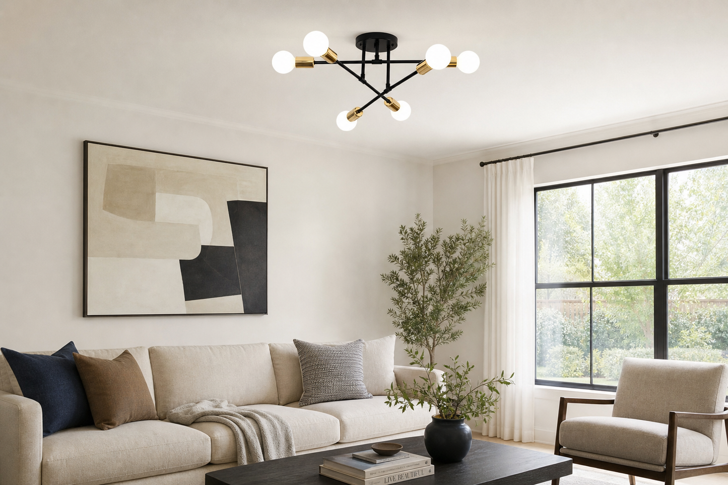 Lustre LED Nórdico preto e dourado de 6 luzes em sala de estar com sofá claro - Vittara Decor