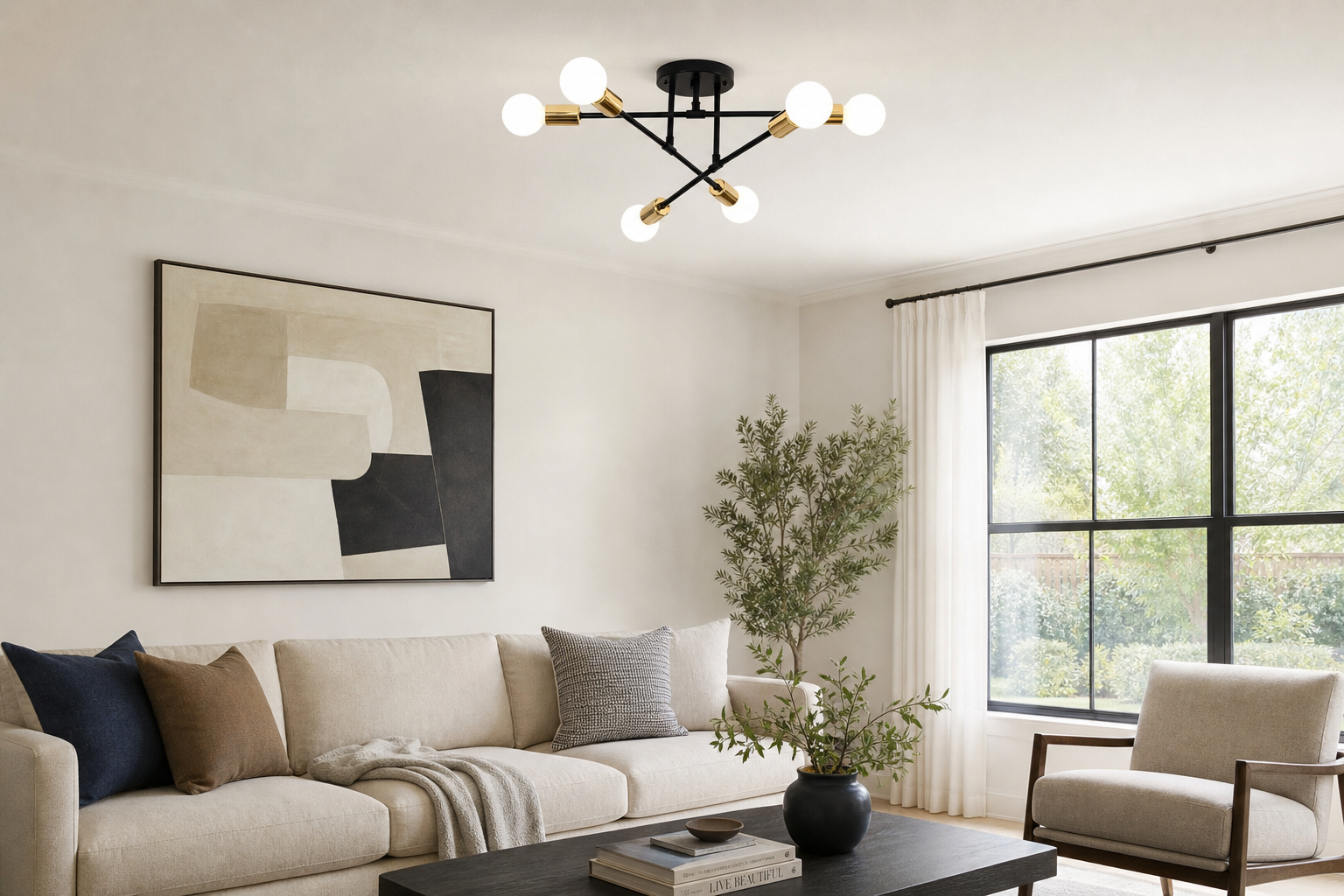 Lustre LED Nórdico preto e dourado de 6 luzes em sala de estar com sofá claro - Vittara Decor