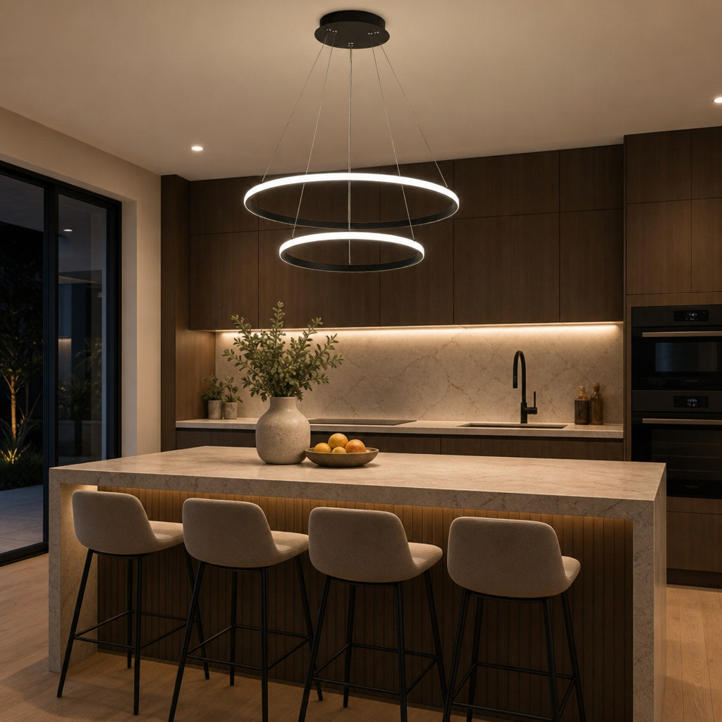 Lustre pendente circular duplo em LED sobre ilha de cozinha contemporanea - Vittara Decor