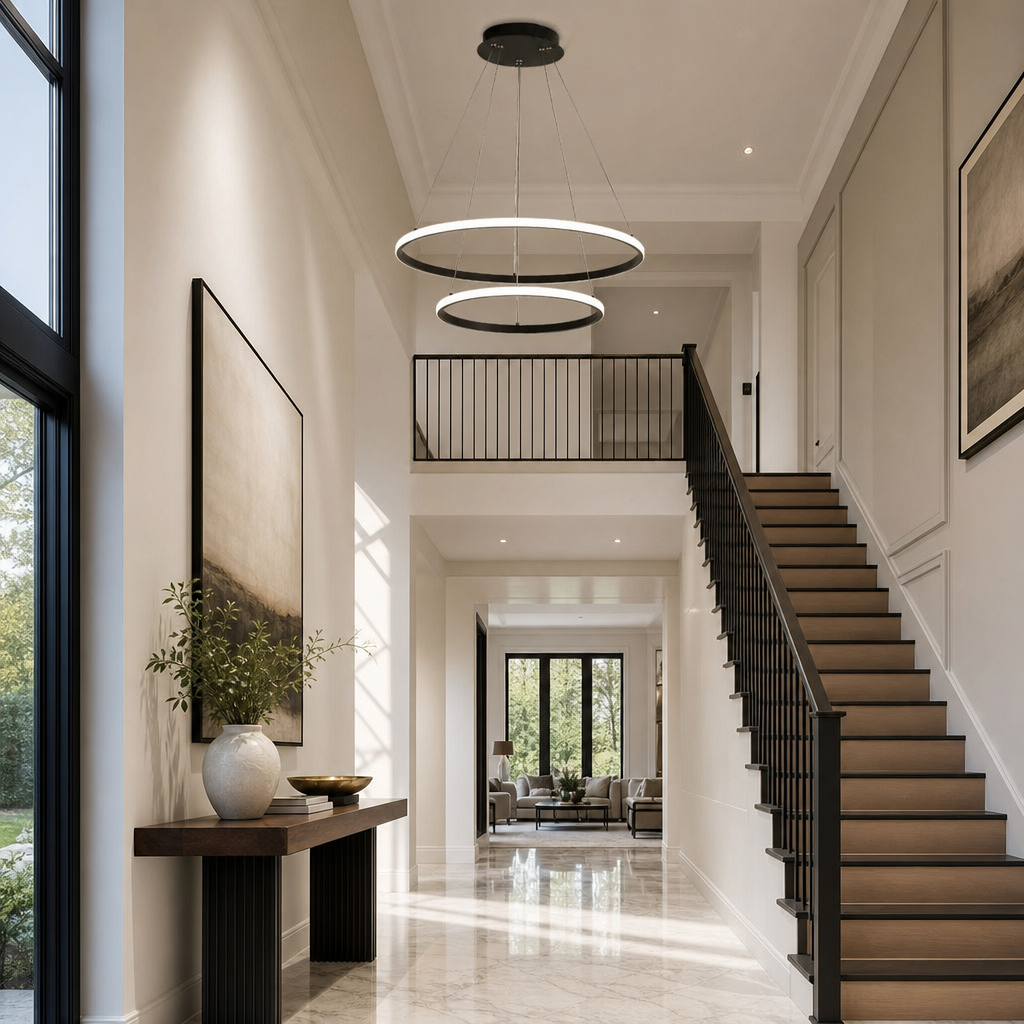 Lustre pendente circular duplo em LED em hall de entrada com escada - Vittara Decor