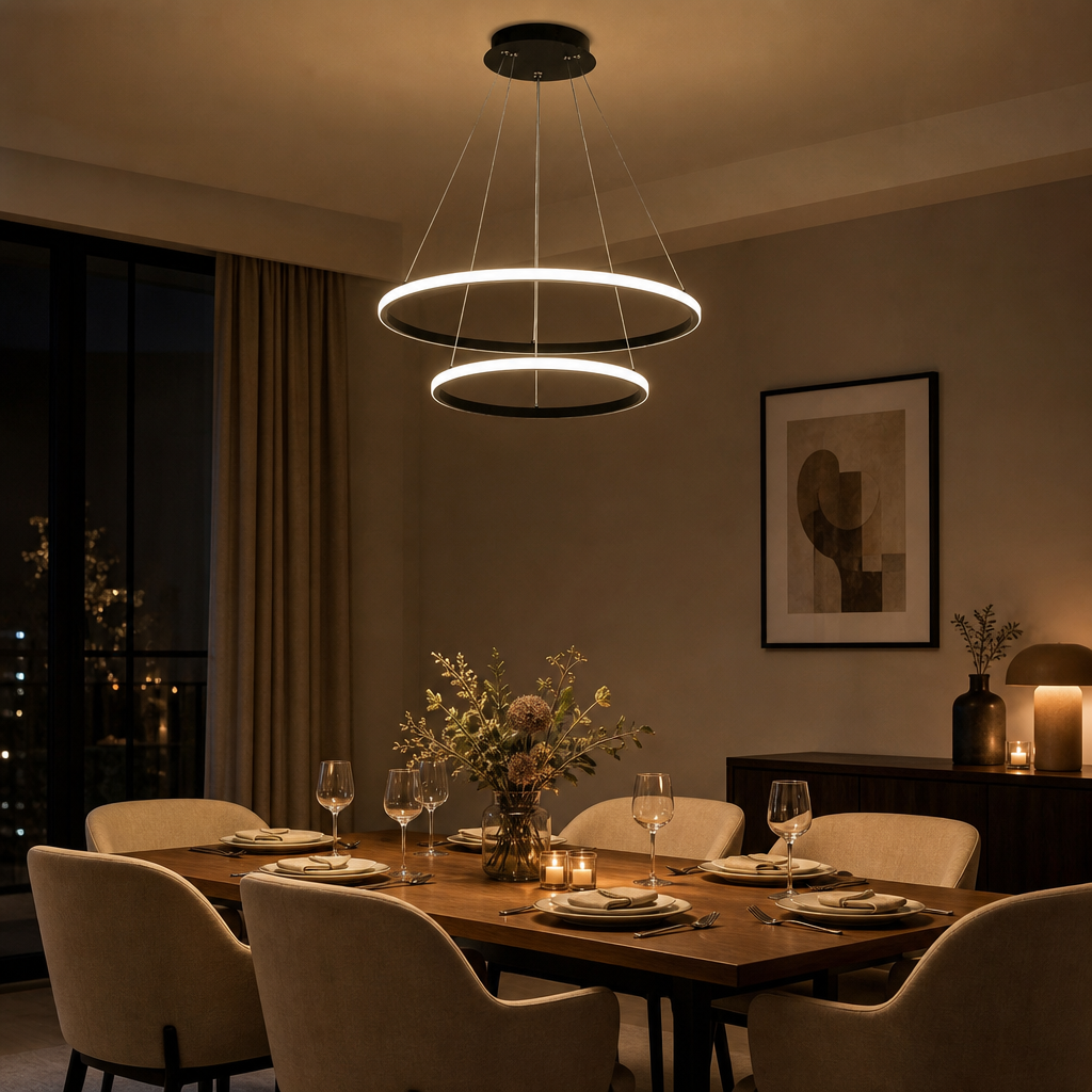 Lustre pendente circular duplo em LED com luz quente sobre mesa de jantar posta - Vittara Decor