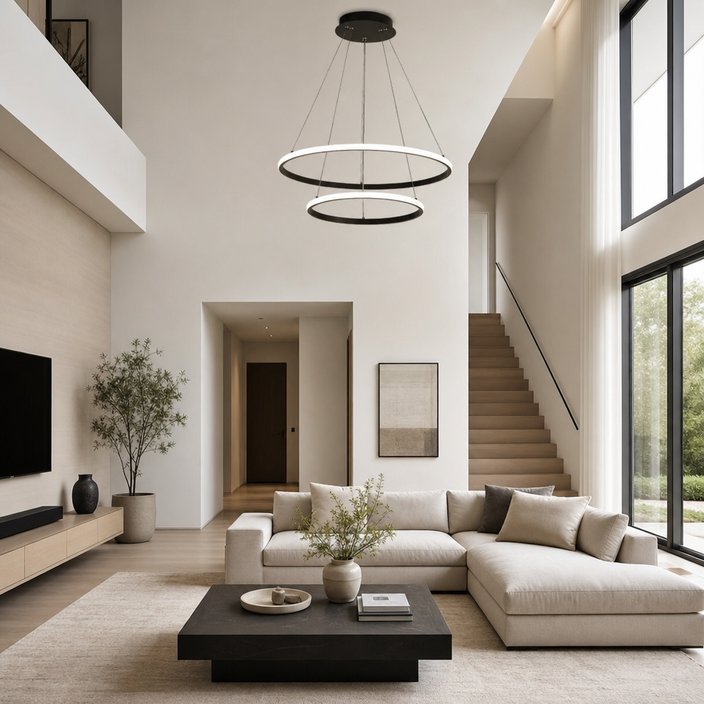 Lustre pendente circular duplo em LED em sala de estar ampla com pe direito alto - Vittara Decor