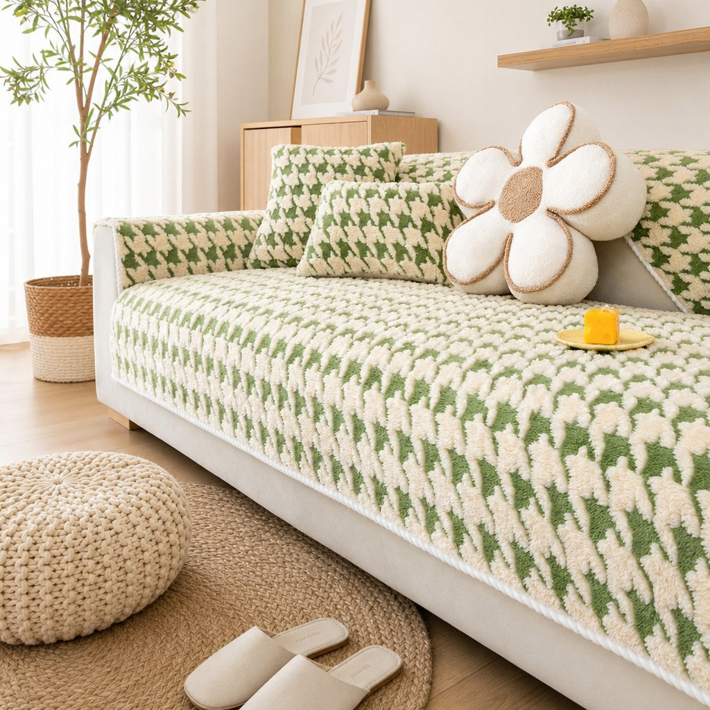 Manta para Sofá Antiderrapante verde em sala escandinava com planta - Vittara Decor