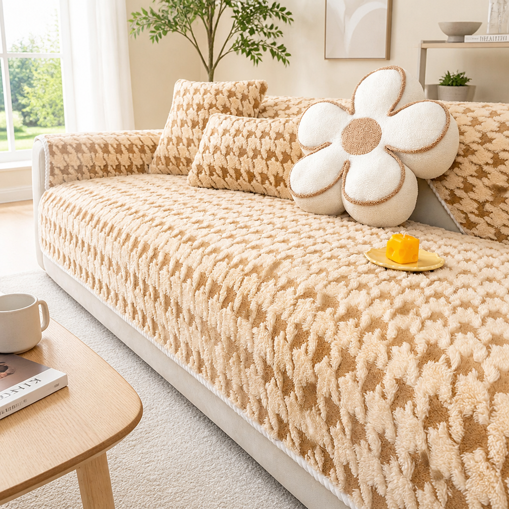 Manta para Sofá Antiderrapante bege em sala clara com luz natural - Vittara Decor