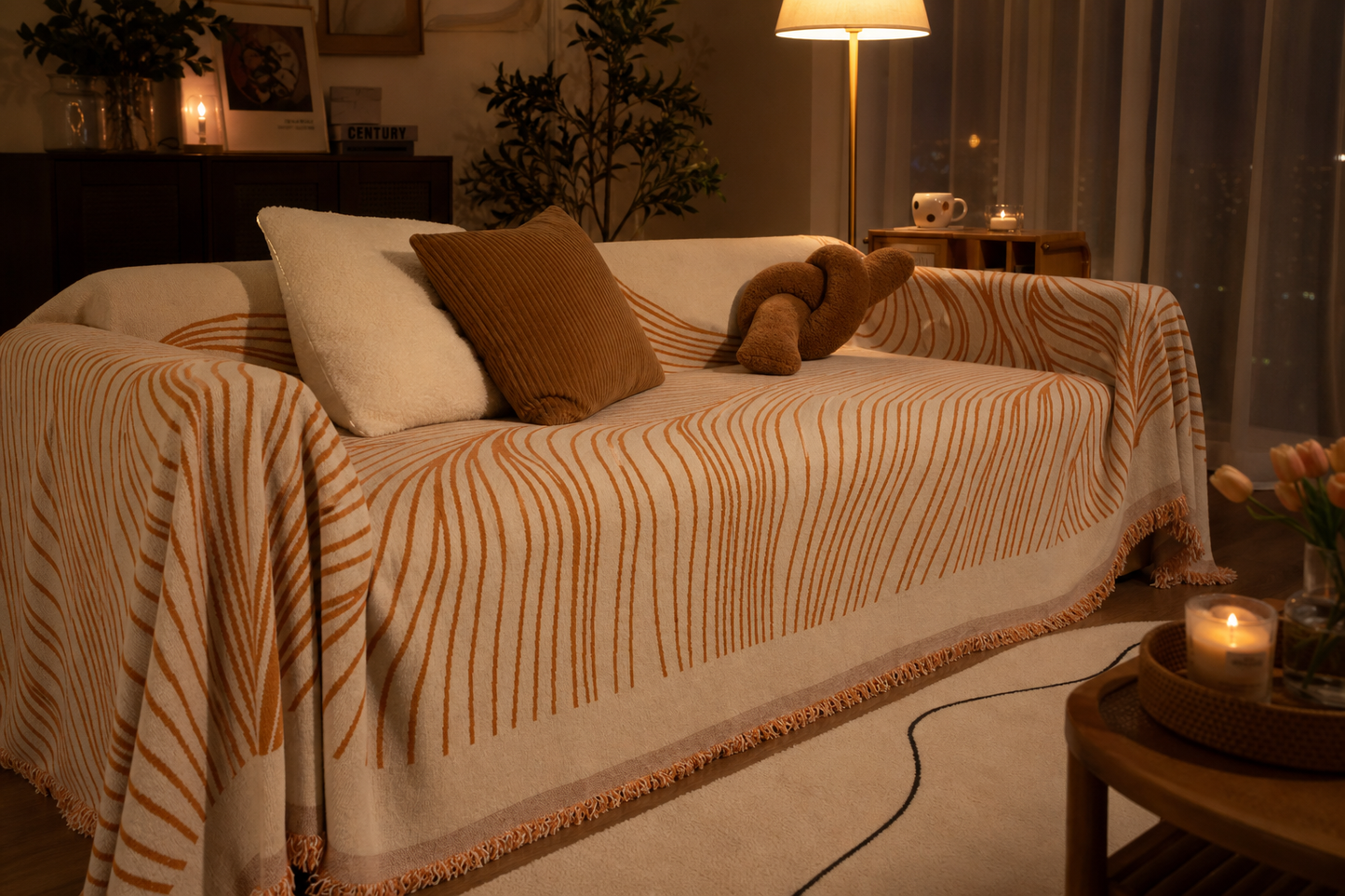 Manta para Sofá em Chenille laranja com franjas sobre sofá em sala aconchegante à noite - Vittara Decor