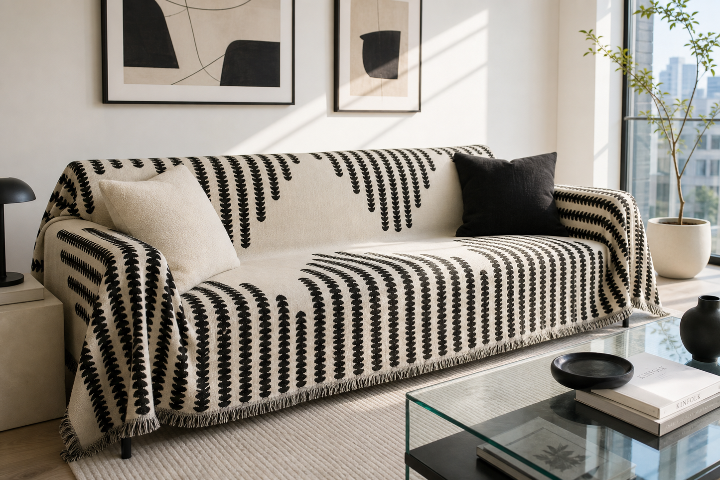 Manta para Sofá Jacquard cobrindo sofá em apartamento contemporâneo com luz da manhã - Vittara Decor