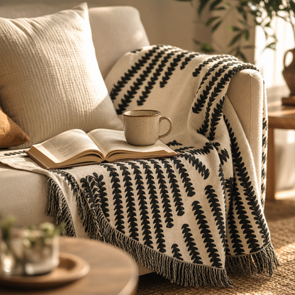 Manta para Sofá Jacquard com caneca e livro sobre o sofá em cena aconchegante - Vittara Decor