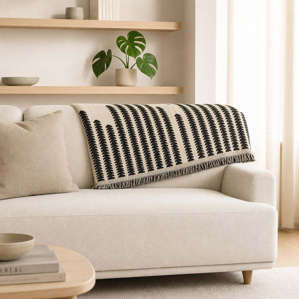Manta para Sofá Jacquard dobrada no encosto do sofá em sala minimalista de madeira clara - Vittara Decor