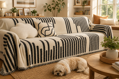 Manta para Sofá Jacquard em sala de família com luz da manhã e cachorro descansando - Vittara Decor