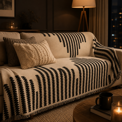 Manta para Sofá Jacquard sobre sofá bege em sala aconchegante à noite com luminária - Vittara Decor