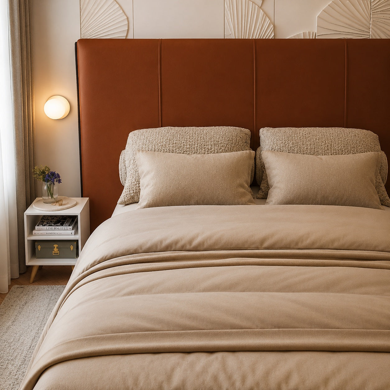 Quarto de casal com a mesa de cabeceira retrô branca ao lado da cabeceira - Vittara Decor