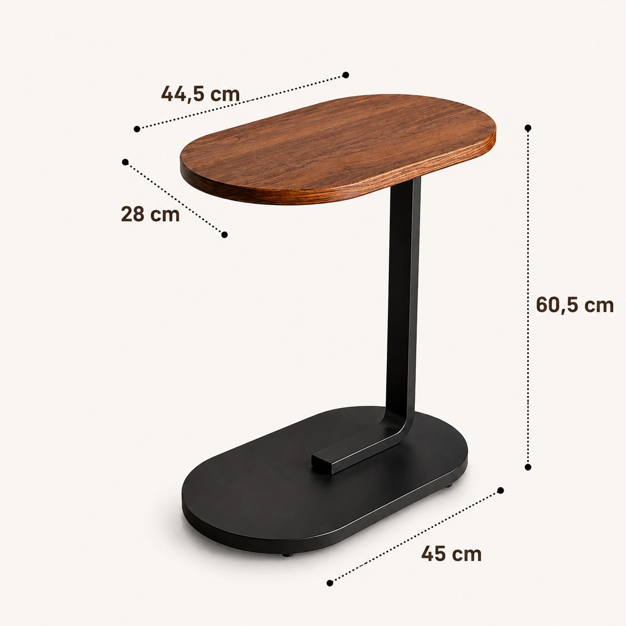 Medidas da mesa lateral em C: tampo 44,5 x 28 cm, altura 60,5 cm e base 45 cm - Vittara Decor