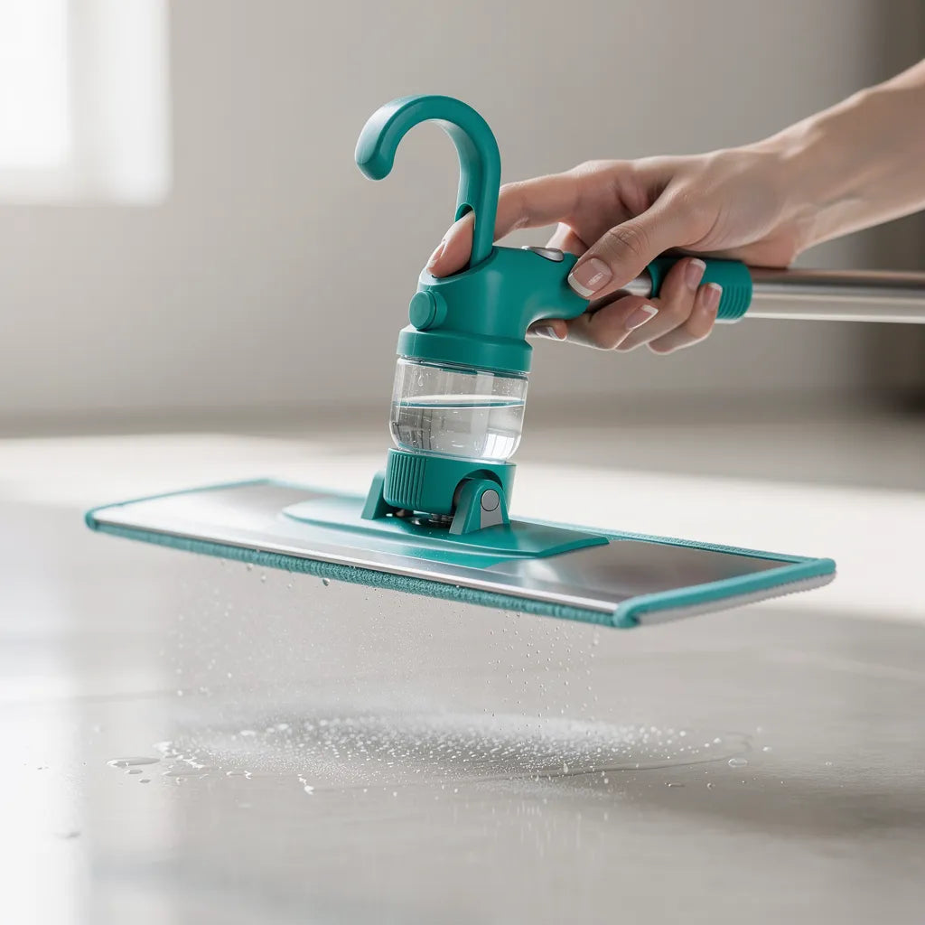 Detalhe do gatilho teal e reservatório transparente do mop spray com jato de água sendo acionado sobre piso - Vittara Decor