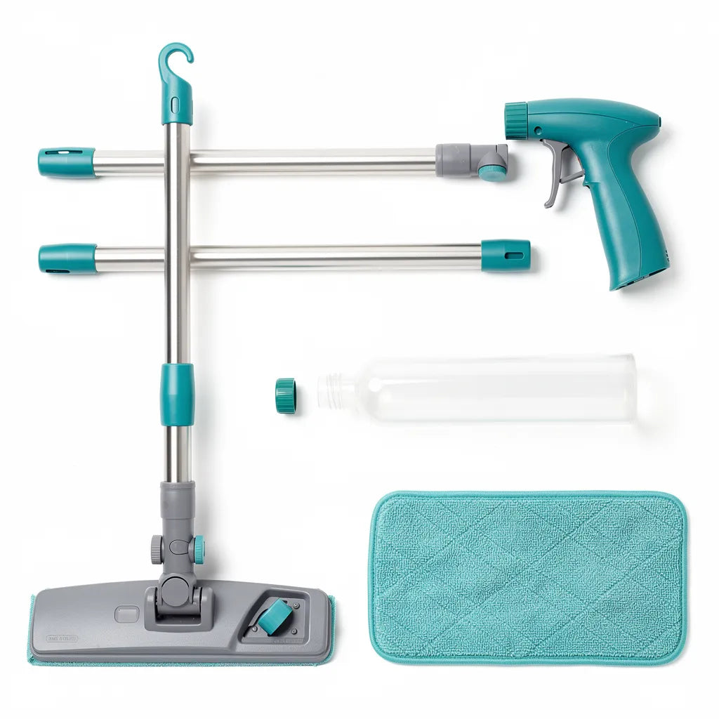 Todas as peças incluídas no mop spray desmontadas e dispostas em flat lay branco: cabo telescópico - Vittara Decor