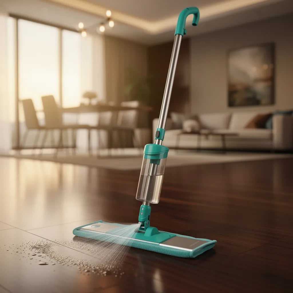 Mop spray com reservatório limpando piso de madeira escura com névoa de água visível sobre a superfície - Vittara Decor