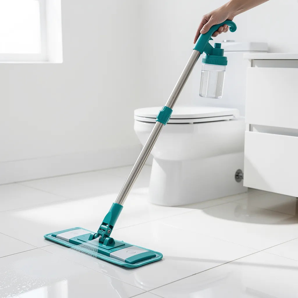 Mop spray com reservatório limpando piso cerâmico branco de banheiro com névoa de água na superfície - Vittara Decor