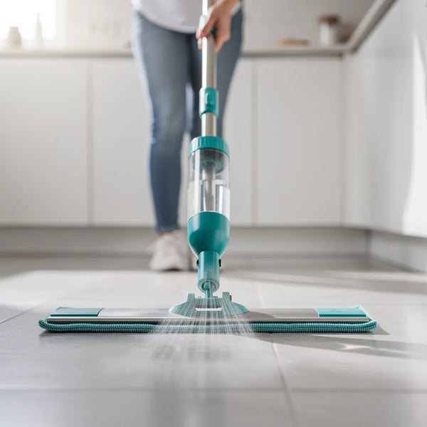 Mop spray com reservatório sendo usado em piso de porcelanato cinza em cozinha moderna com névoa de água - Vittara Decor