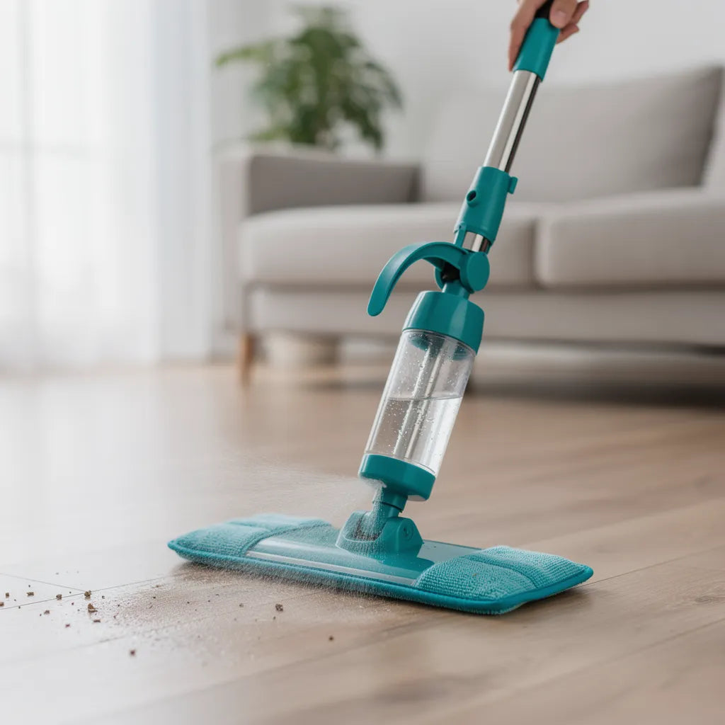 Mop spray com reservatório limpando piso laminado de madeira clara em sala de estar moderna com spray visível - Vittara Decor
